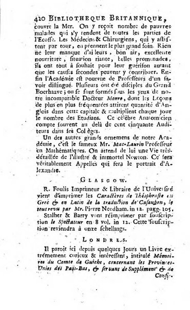 Bibliotheque britannique ou histoire des ouvrages des savans de la Grande Bretagne