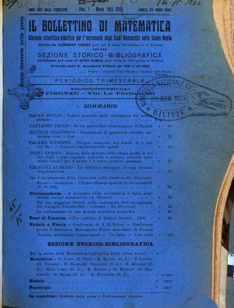 Bollettino di matematica giornale scientifico didattico per l'incremento degli studi matematici nelle scuole medie