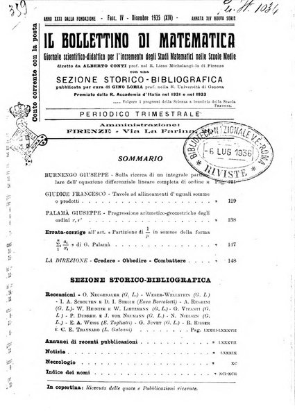 Bollettino di matematica giornale scientifico didattico per l'incremento degli studi matematici nelle scuole medie