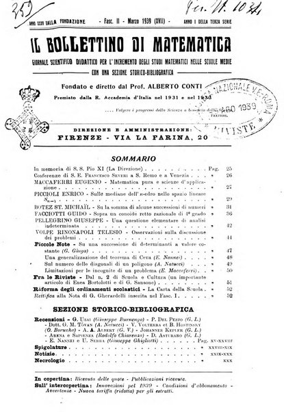 Bollettino di matematica giornale scientifico didattico per l'incremento degli studi matematici nelle scuole medie