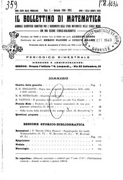 Bollettino di matematica giornale scientifico didattico per l'incremento degli studi matematici nelle scuole medie