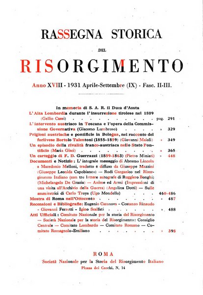 Rassegna storica del Risorgimento organo della Società nazionale per la storia del Risorgimento italiano