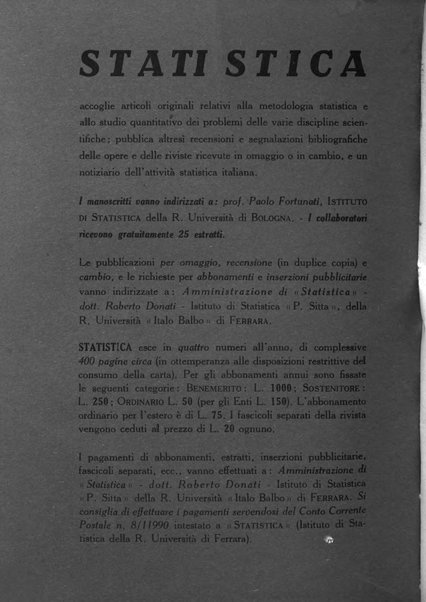 Statistica edita, sotto gli auspici delle Università di Bologna, Padova e Palermo, dalla Scuola di Perfezionamento in discipline corporative dell'Università di Ferrara