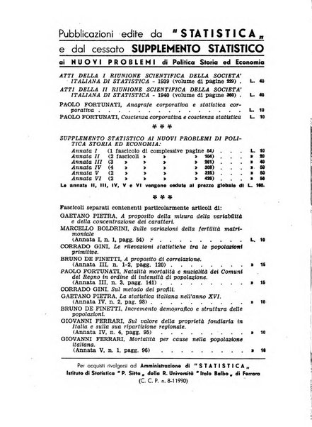 Statistica edita, sotto gli auspici delle Università di Bologna, Padova e Palermo, dalla Scuola di Perfezionamento in discipline corporative dell'Università di Ferrara