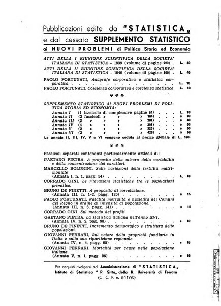 Statistica edita, sotto gli auspici delle Università di Bologna, Padova e Palermo, dalla Scuola di Perfezionamento in discipline corporative dell'Università di Ferrara