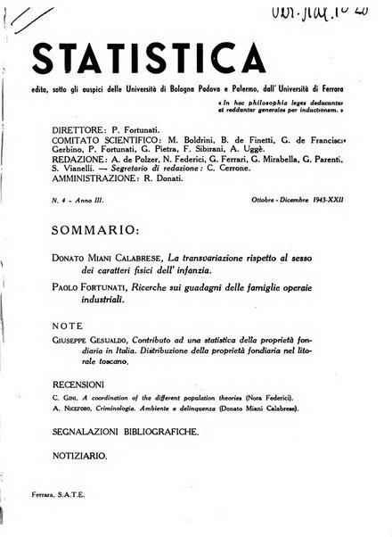 Statistica edita, sotto gli auspici delle Università di Bologna, Padova e Palermo, dalla Scuola di Perfezionamento in discipline corporative dell'Università di Ferrara