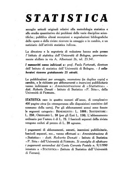 Statistica edita, sotto gli auspici delle Università di Bologna, Padova e Palermo, dalla Scuola di Perfezionamento in discipline corporative dell'Università di Ferrara