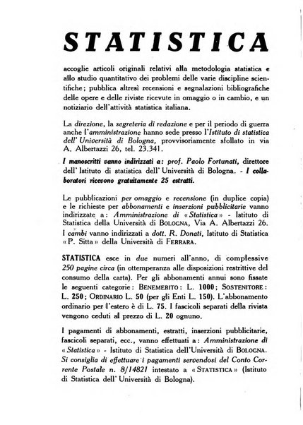 Statistica edita, sotto gli auspici delle Università di Bologna, Padova e Palermo, dalla Scuola di Perfezionamento in discipline corporative dell'Università di Ferrara