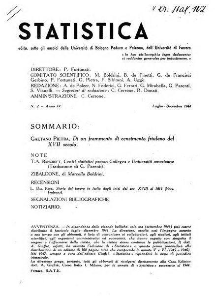 Statistica edita, sotto gli auspici delle Università di Bologna, Padova e Palermo, dalla Scuola di Perfezionamento in discipline corporative dell'Università di Ferrara