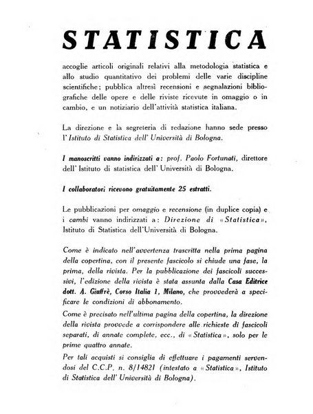 Statistica edita, sotto gli auspici delle Università di Bologna, Padova e Palermo, dalla Scuola di Perfezionamento in discipline corporative dell'Università di Ferrara