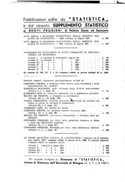 Statistica edita, sotto gli auspici delle Università di Bologna, Padova e Palermo, dalla Scuola di Perfezionamento in discipline corporative dell'Università di Ferrara