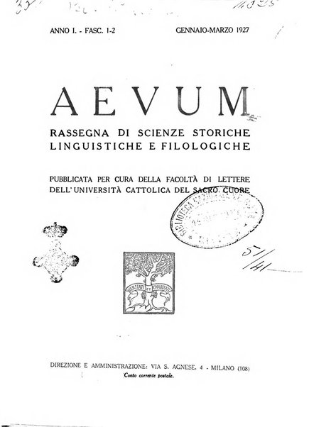 Aevum rassegna di scienze storiche, linguistiche e filologiche