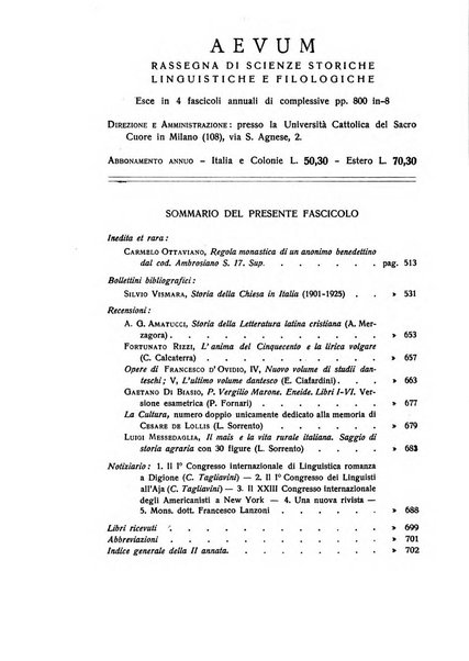 Aevum rassegna di scienze storiche, linguistiche e filologiche