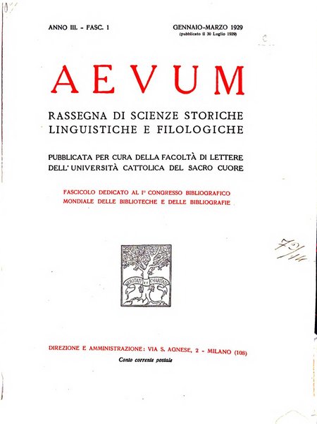 Aevum rassegna di scienze storiche, linguistiche e filologiche