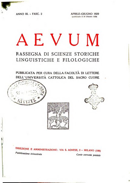 Aevum rassegna di scienze storiche, linguistiche e filologiche