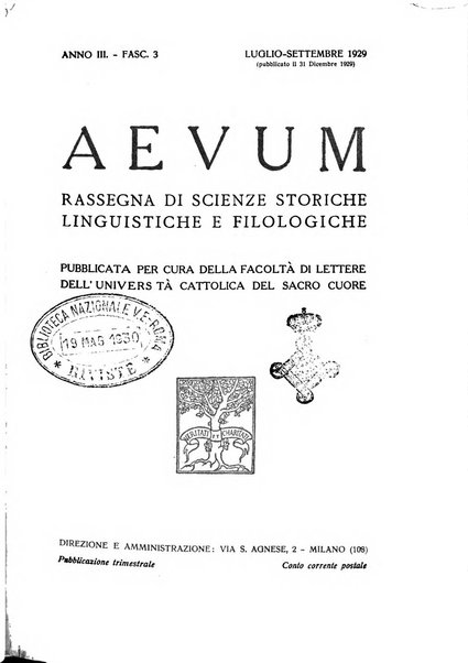 Aevum rassegna di scienze storiche, linguistiche e filologiche