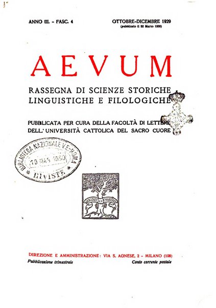 Aevum rassegna di scienze storiche, linguistiche e filologiche