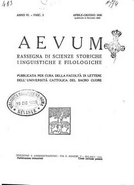 Aevum rassegna di scienze storiche, linguistiche e filologiche