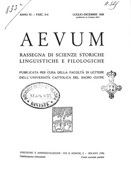 Aevum rassegna di scienze storiche, linguistiche e filologiche