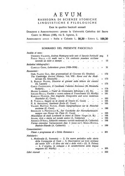 Aevum rassegna di scienze storiche, linguistiche e filologiche