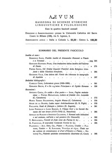 Aevum rassegna di scienze storiche, linguistiche e filologiche