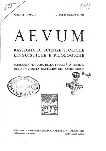 Aevum rassegna di scienze storiche, linguistiche e filologiche