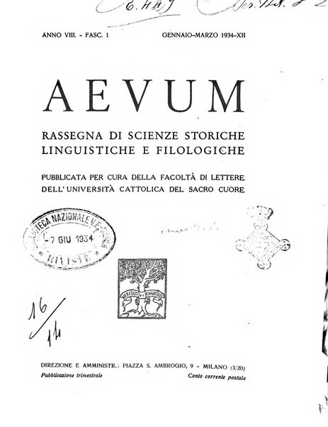 Aevum rassegna di scienze storiche, linguistiche e filologiche