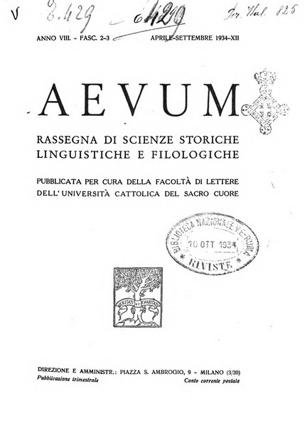 Aevum rassegna di scienze storiche, linguistiche e filologiche