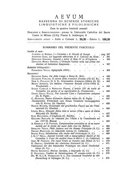 Aevum rassegna di scienze storiche, linguistiche e filologiche