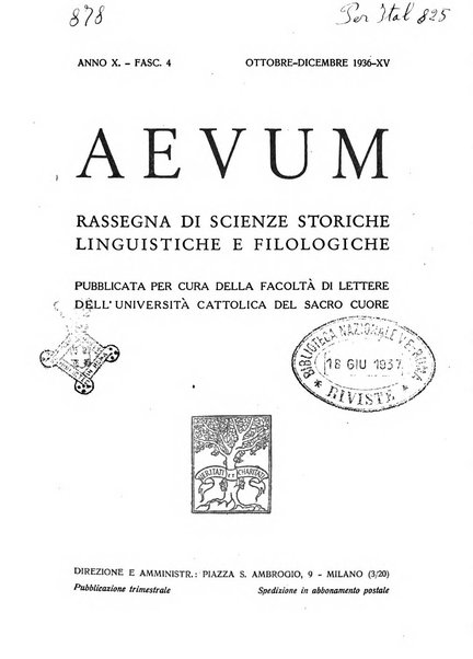 Aevum rassegna di scienze storiche, linguistiche e filologiche