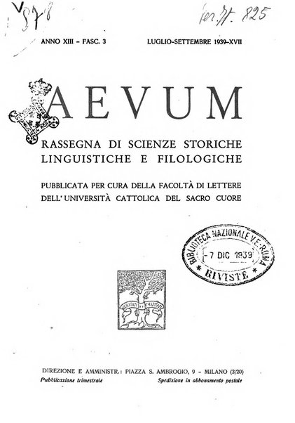 Aevum rassegna di scienze storiche, linguistiche e filologiche