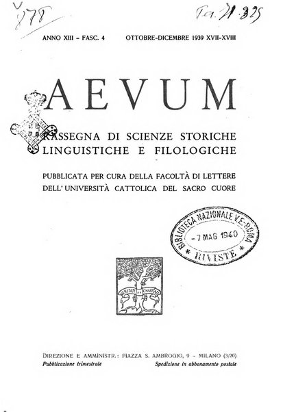 Aevum rassegna di scienze storiche, linguistiche e filologiche