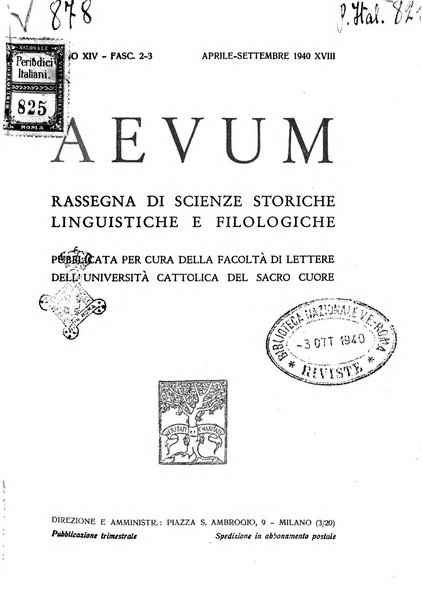 Aevum rassegna di scienze storiche, linguistiche e filologiche