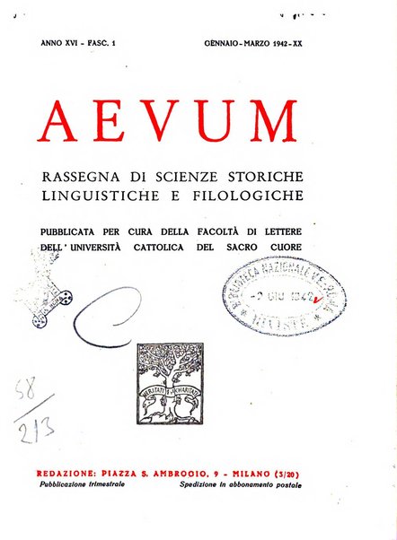 Aevum rassegna di scienze storiche, linguistiche e filologiche