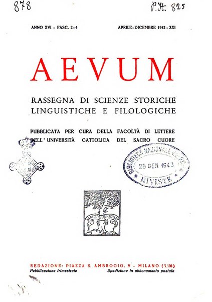 Aevum rassegna di scienze storiche, linguistiche e filologiche