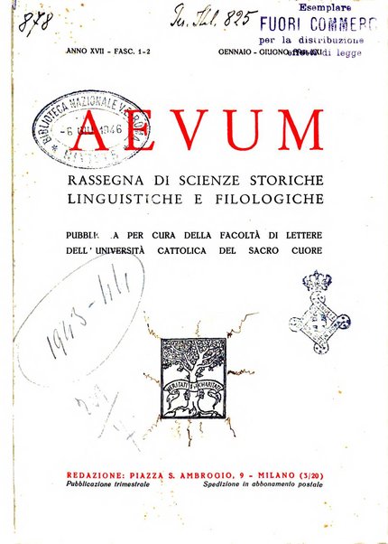 Aevum rassegna di scienze storiche, linguistiche e filologiche