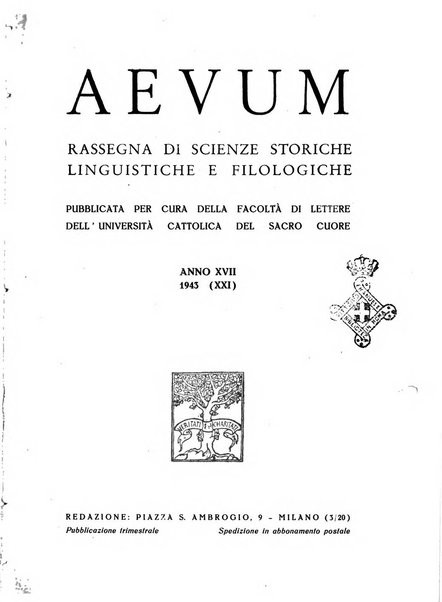 Aevum rassegna di scienze storiche, linguistiche e filologiche