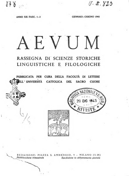 Aevum rassegna di scienze storiche, linguistiche e filologiche