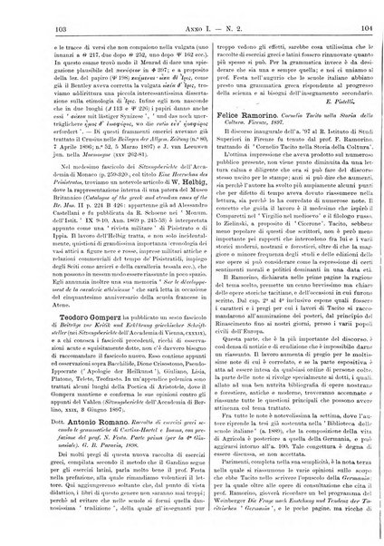 Atene e Roma bullettino della società italiana della diffusione e l'incoraggiamento degli studi classici