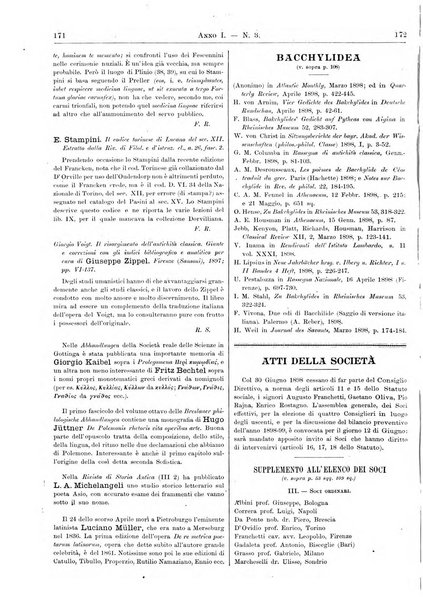 Atene e Roma bullettino della società italiana della diffusione e l'incoraggiamento degli studi classici