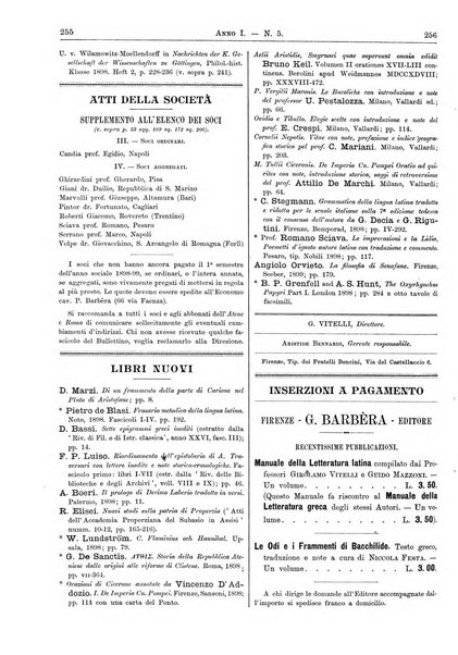 Atene e Roma bullettino della società italiana della diffusione e l'incoraggiamento degli studi classici