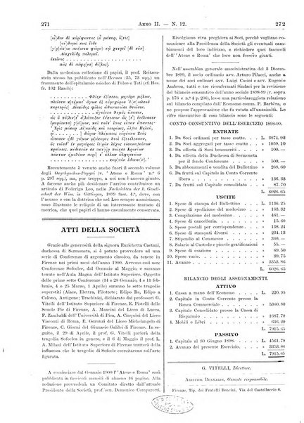 Atene e Roma bullettino della società italiana della diffusione e l'incoraggiamento degli studi classici