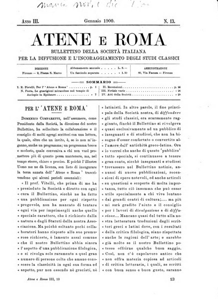 Atene e Roma bullettino della società italiana della diffusione e l'incoraggiamento degli studi classici