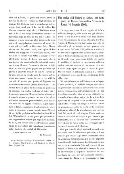 Atene e Roma bullettino della società italiana della diffusione e l'incoraggiamento degli studi classici