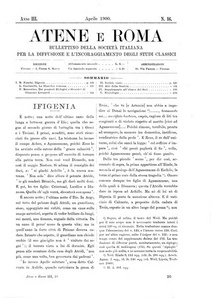 Atene e Roma bullettino della società italiana della diffusione e l'incoraggiamento degli studi classici