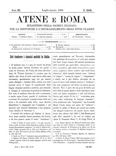 Atene e Roma bullettino della società italiana della diffusione e l'incoraggiamento degli studi classici