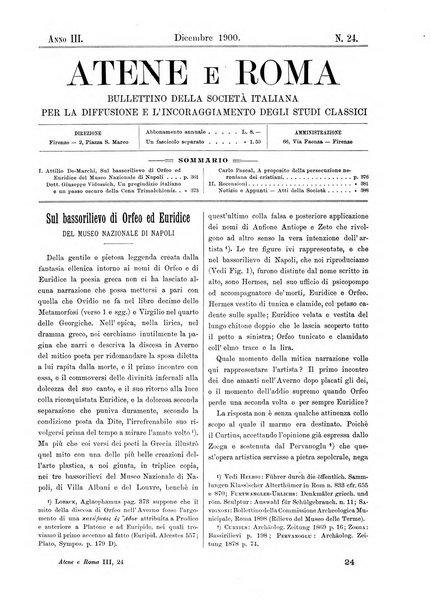 Atene e Roma bullettino della società italiana della diffusione e l'incoraggiamento degli studi classici