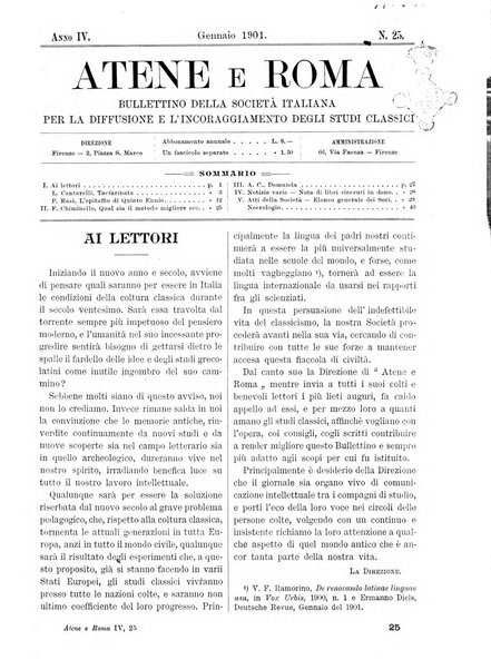 Atene e Roma bullettino della società italiana della diffusione e l'incoraggiamento degli studi classici