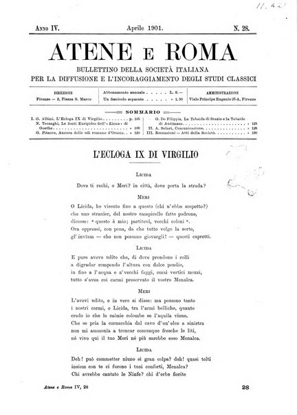 Atene e Roma bullettino della società italiana della diffusione e l'incoraggiamento degli studi classici