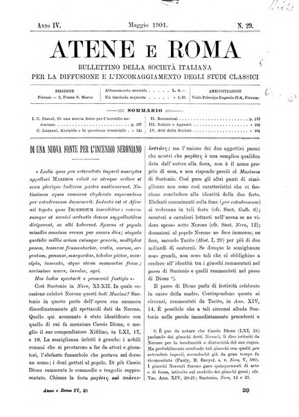 Atene e Roma bullettino della società italiana della diffusione e l'incoraggiamento degli studi classici